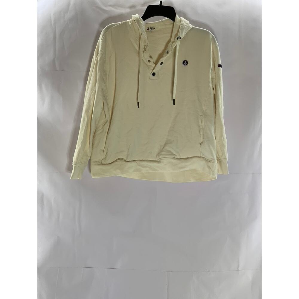 BATELA SEA STYLE Women's Cream Snap-Button Patch Logo Hooded Sweater SZ 8